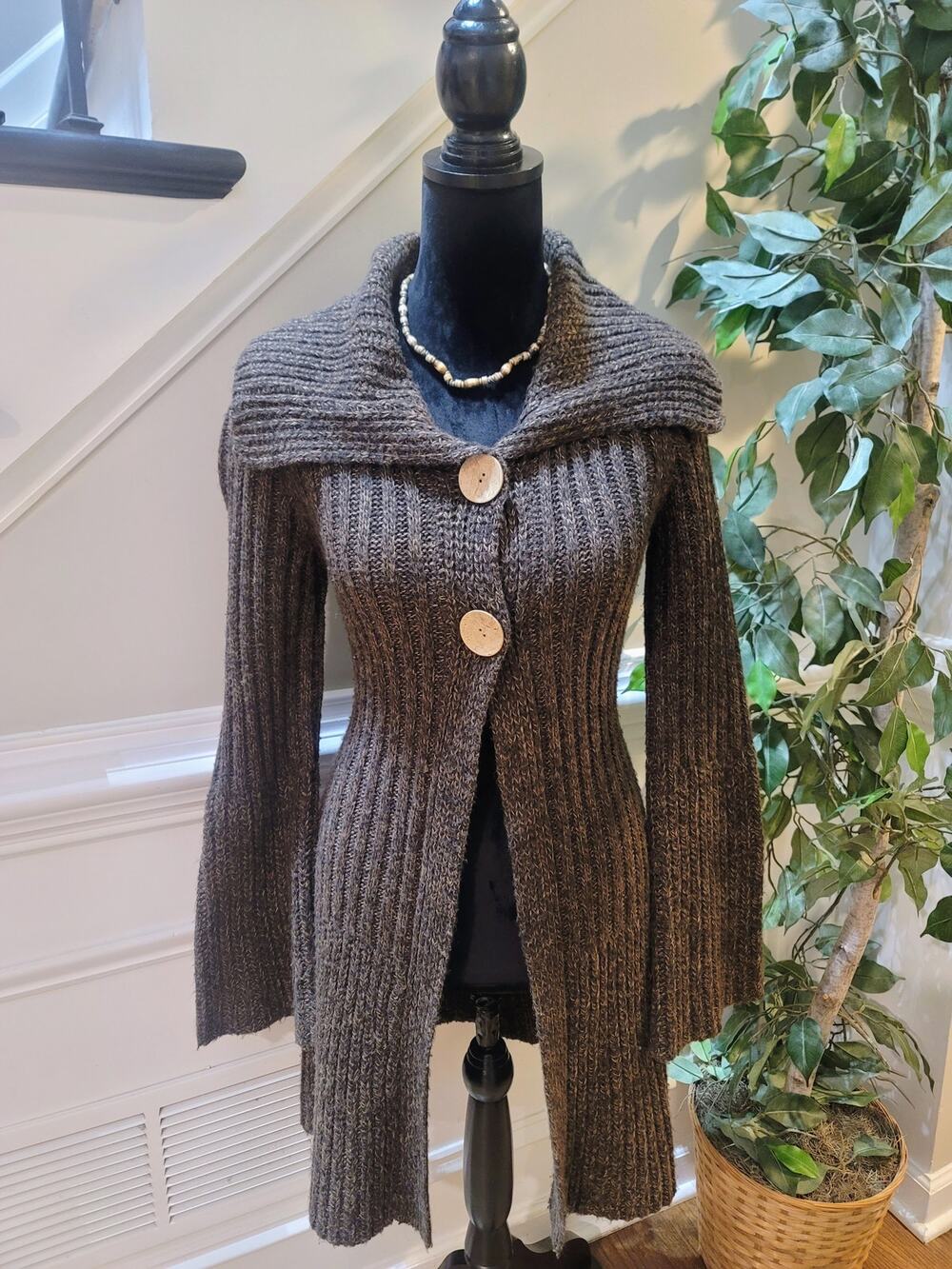 No Boundaries Long Cardigan Jacket Women's Large Brown Button Front Long Sleeve
